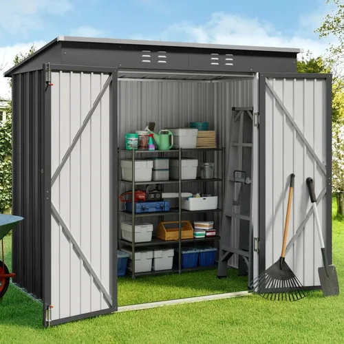 Vista 14 de Gizoon Cobertizo de almacenamiento para exteriores de 8 x 6 pies, cobertizo de jardín de metal galvanizado con puertas dobles con cerradura, Marrón
