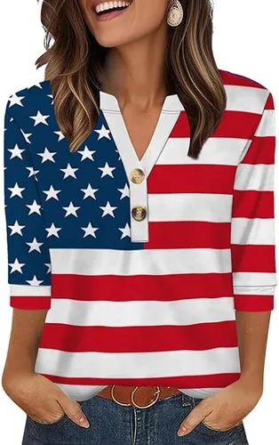 Vista 16 de OFEEFAN - Camisetas de manga 3/4 estilo Henley para mujer, blusas de moda de otoño 2025, atuendos escolares para maestras Raya