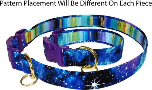 Vista 4 de Collar de gato con galaxia, Cosmos de azul y morado, 100% algodón, 3/8 pulgadas de ancho, 2 tamaños, hebilla de seguridad separable, hecho a mano