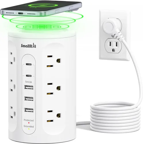Vista 9 de Torre de regleta de protección contra sobretensiones con 5 puertos USB y luz nocturna, cable de extensión de 10 pies con 12 tomas de corriente Negro
