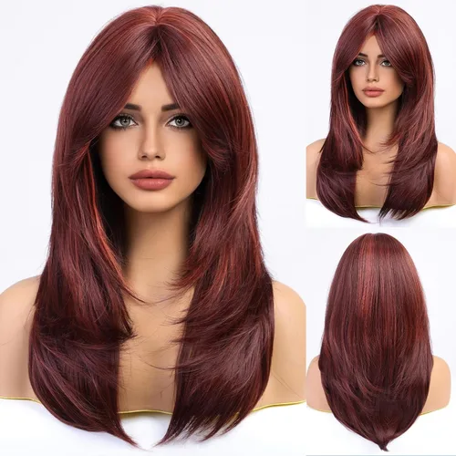 Vista 20 de HAIRCUBE Pelucas Auburn para Mujeres, Pelucas Largas en Capas Naranjas con Flequillo, Pelucas de Fibra Sintética Resistentes al Calor