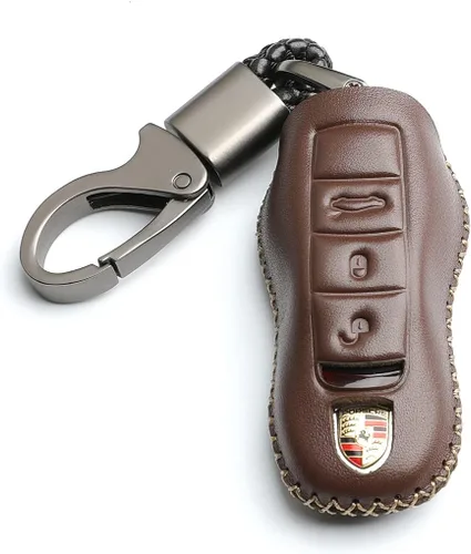 Vista 8 de Cuero para Porsche Cayenne Macan Cayman Boxster Panamera Carrera Remote 3 Botones Key Fob Case Cover Chain (negro)
