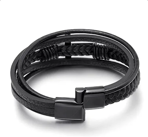 Vista 5 de Svana to My Sonnison - Pulsera de cuero trenzado de doble fila de acero inoxidable para hombre, pulsera inspiradora de cuerda de cuero, pulsera
