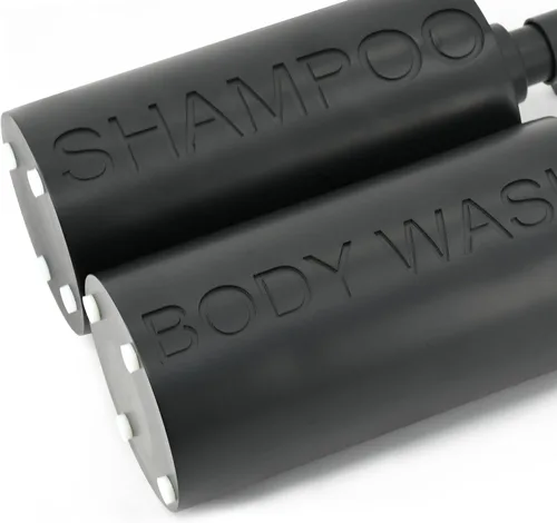 Vista 4 de Paquete de 2 botellas recargables de resina negra mate para champú y gel de baño – Juego de dispensadores de bomba modernos para baño, recipientes