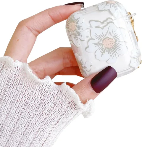Vista 17 de Funda protectora para AirPods Pro de 1ª generación con llavero, bonita funda protectora para auriculares con flores negras y flores, TPU suave