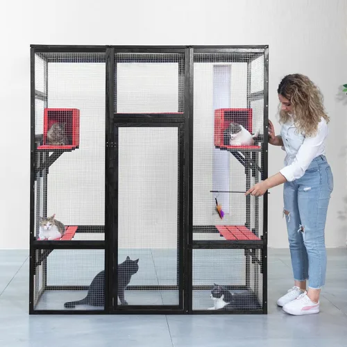 Vista 7 de Nyeekoy Refugio de gato al aire libre de madera grande de 71 pulgadas con perchas y condominios, casa para gatos con techo impermeable, refugio