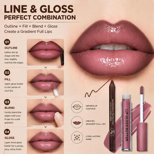 Vista 43 de BAISEN DIARY 2 en 1 doble punta mate delineador de labios y brillo de labios, lápiz combinado de labios marrón nude degradado, delineador de labios