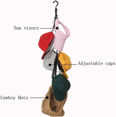 Vista 4 de BetterJonny Paquete de 2 estantes organizadores para colgar sombreros, 16 clips de almacenamiento de sombreros de acero inoxidable para hombres
