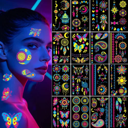 Vista 12 de Suministros de fiesta con tatuajes temporales que brillan en la oscuridad 192+ PIEZAS, Tatuajes faciales reactivos de neón UV con luz negra