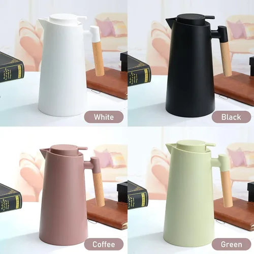 Vista 7 de Jarra térmica de doble pared de 1 litro, olla térmica al vacío con mango de madera, hervidor de agua, frasco aislado, jarra de té que mantiene