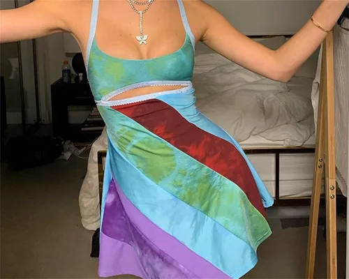Vista 4 de Minivestido de retazos a rayas para mujer, Y2K, vintage, con tirantes delgados, ahuecado, acampanado, vestido de fiesta, ropa de calle