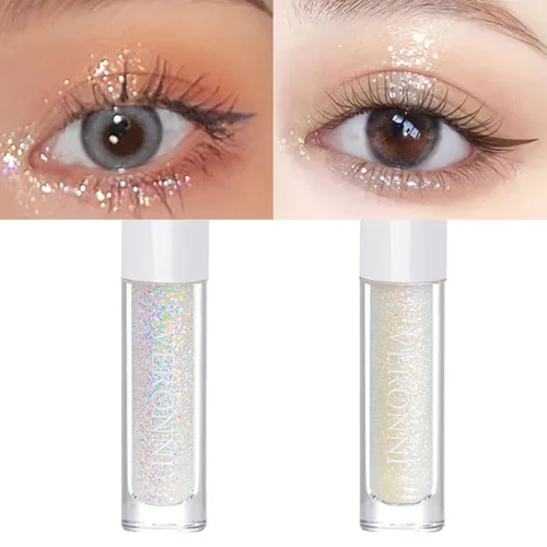 Vista 7 de Juego de maquillaje de lentejuelas líquidas en gel holográfico y delineador de ojos plateado, 2 piezas, resaltador líquido brillante, resistente al