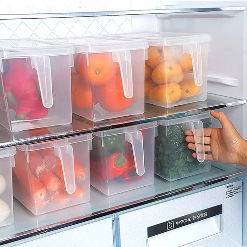 Vista 2 de Sooyee Contenedores de almacenamiento para refrigerador, paquete de 4 unidades de 4 litros, apilables, organizador de refrigerador con asa