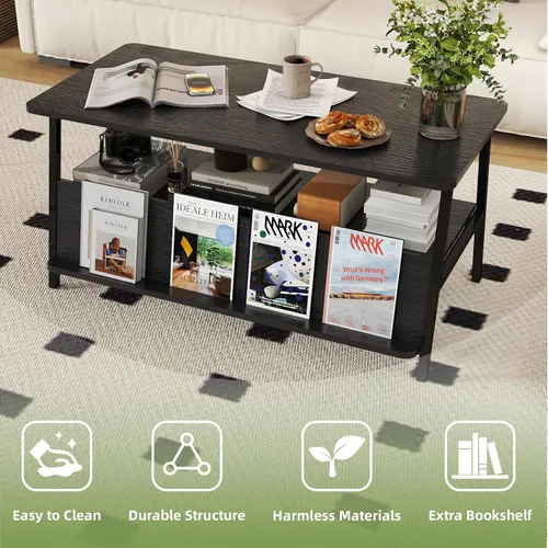 Vista 5 de GOODONE Mesa auxiliar de 2 niveles para sala de estar, mesa de centro pequeña con estante de almacenamiento y estantería, mesa central para sala