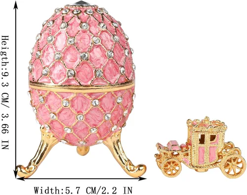 Vista 4 de QIFU Caja de baratijas esmaltada estilo huevo de Pascua rosa vintage con bisagras con mini carruaje real