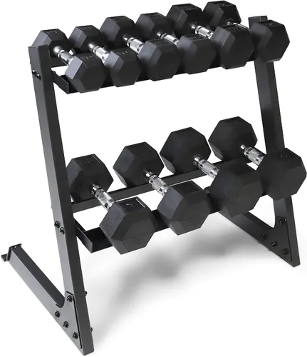 Vista 12 de WF Athletic Supply - Juego de mancuernas hexagonales con revestimiento de goma y peso de 5 a 25 libras; con soporte con forma de A para a. Juego