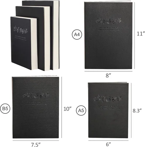 Vista 2 de Elsjoy Cuaderno de bocetos negro grueso, 3 tamaños, A5/A4/B5, cuaderno de dibujo en blanco para pintura, acuarela, 128 hojas/256 páginas por libro