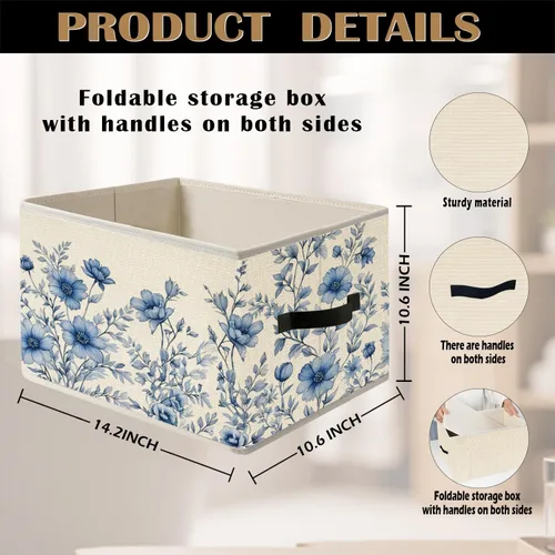 Vista 7 de Caja de Almacenamiento Floral Rústica Azul y Blanca con Asas, Canasta Organizadora Plegable Botánica de Flores Grandmillennial Caja de Juguetes
