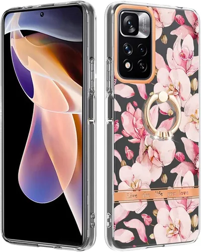 Vista 5 de ONV Funda de silicona para Redmi Note 11 Pro 5G – Funda con anillo de metal con purpurina de lujo con flor pintada con flores, funda delgada