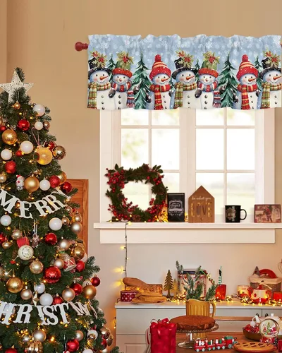 Vista 11 de Cenefa de cortina con lazo rojo de Navidad para ventanas, sala de estar, cocina, baño, granja, bolas de Navidad de acuarela con diseño de bayas