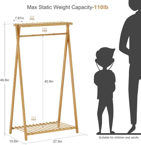 Vista 2 de Perchero de bambú para niños, pequeño estante de ropa para niños, estante de vestir para niños con 2 estantes de almacenamiento, perchero portátil