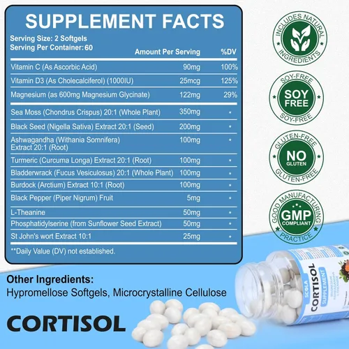 Vista 6 de SCOLA Suplemento de cortisol para mujeres y hombres con magnesio, Ashwagandha/L-teanina, administrador de desintoxicación de cortisol, reductor