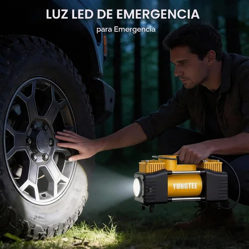 Vista 7 de YUNGTEE Inflador de neumáticos portátil, compresor de aire de doble cilindro de 12 V 150 PSI Luz de emergencia LED, manguera de extensión de 11
