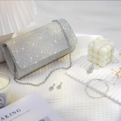 Vista 5 de Juego de 4 piezas de plata para mujer, bolso de mano brillante con diamantes de imitación, bolso de mano para regalo de fiesta de boda, plateado