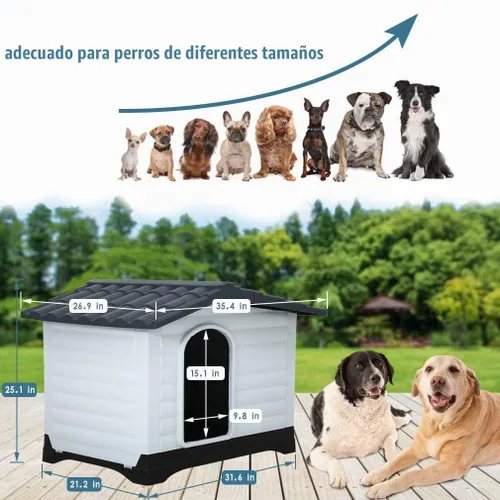 Vista 2 de Casa de plástico resistente al agua para perros medianos, casa para perros para interiores y exteriores, refugio para cachorros con rejillas