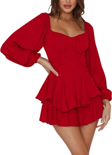 Vista 4 de LYANER Mono de Mujer de Manga Farol Larga con Volantes en Capas y Lazo Mini Corto Romper