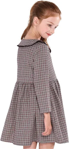 Vista 4 de SOLOCOTE Vestido a cuadros para niñas, de algodón, casual, de primavera, manga larga, cuello Peter Pan, 3-14 años
