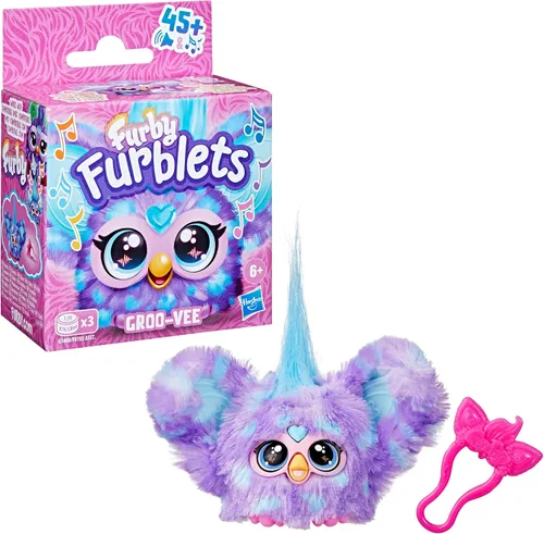Vista 3 de Furby Furblets Groo-Vee Amigo Mini, más de 45 sonidos y música, habla solo Furbish, juguetes de peluche electrónicos, morado, regalos