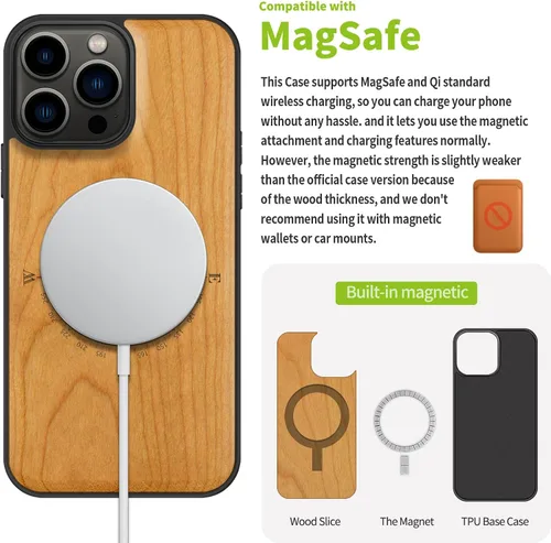 Vista 5 de Carveit Funda protectora de madera de diseñador para iPhone 13 Pro Max, funda magnética [grabado de madera e incrustaciones de carcasa] compatible