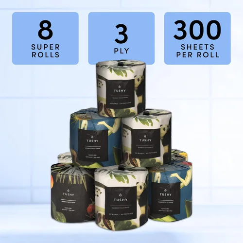 Vista 2 de TUSHY Papel higiénico de bambú premium, 3 capas, 300 hojas por rollo, paquete de 8