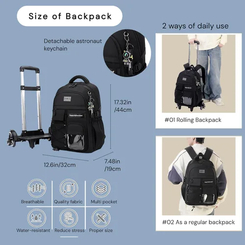 Vista 2 de MITOWERMI Mochila con ruedas para niñas y niños, Negro de 2 ruedas, Mochilas Daypack