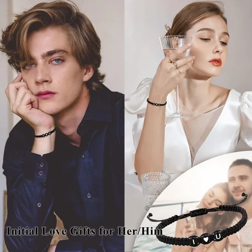 Vista 4 de Pulseras con iniciales para mujeres y hombres, regalos para novia, novio, pulseras de letras "I Love You", regalos para ella, él, mejor amigo