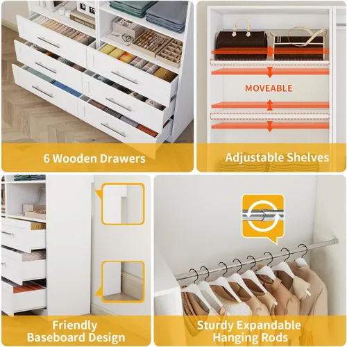 Vista 3 de Sistema de armario con 6 cajones, sistema organizador de armario de madera de 48", sistema de armario para vestidor o armario pequeño con estantes