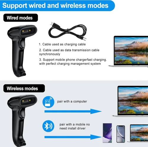 Vista 3 de Symcode Escáner de código de barras Bluetooth portátil USB CCD inalámbrico lector de código de barras compatible con función inalámbrica y Bluetooth