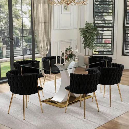 Vista 21 de Juego de comedor moderno de vidrio de lujo de 5 piezas, juego de cena rectangular minimalista grande para 4, juego de mesa de cocina de vidrio