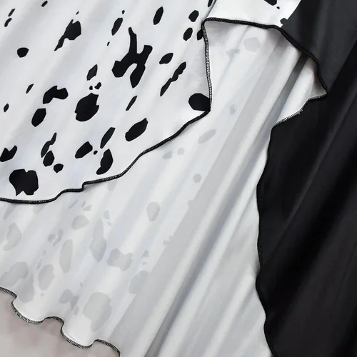 Vista 4 de IWEMEK Disfraz de Cruella Deville para niñas vestido de cosplay de Halloween para niños vestido de personaje de película dálmata peluca guantes