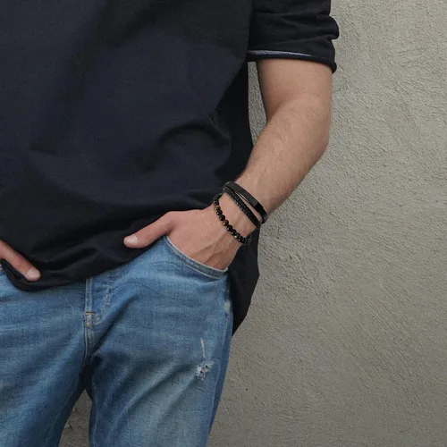 Vista 3 de Raymard Pulsera de cuentas de piedra volcánica de piedra volcánica de ónix negro y ojo de tigre mate para hombre, pulsera de cuero trenzado negro