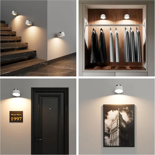 Vista 5 de Apliques de pared de fuente de luz con sensor de movimiento, luces LED inalámbricas de noche de pared con rotación de 360° y recargable, 3