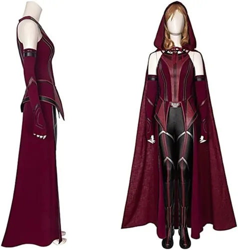 Vista 2 de Disfraz de Wanda Maximoff, vestido escarlata, corona de bruja, tocado, capa roja, pantalones, faja y guantes para Halloween, cosplay, conjunto