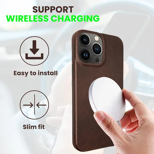 Vista 6 de Funda de piel hecha a mano para iPhone 13 Pro, compatible con MagSafe, a prueba de golpes, antiarañazos (espresso)