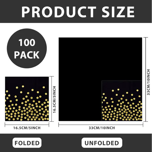 Vista 2 de 100 servilletas de cóctel desechables negras – Servilletas de papel negro y dorado para cumpleaños, boda, aniversario, Año Nuevo, fiesta