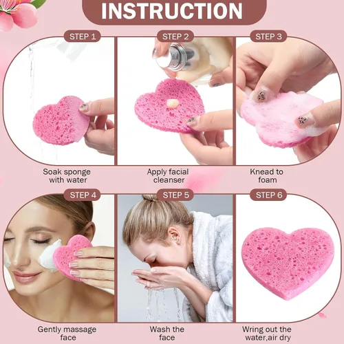 Vista 5 de Dandat 300 esponjas faciales comprimidas en forma de corazón, esponjas faciales para limpieza, almohadillas exfoliantes faciales naturales para Rosa