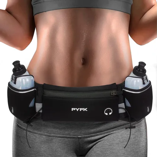Vista 8 de PYFK Cinturón para correr con botellas de agua, cinturón de hidratación para hombres y mujeres, soporte para botella de agua, bolsa para correr Negro