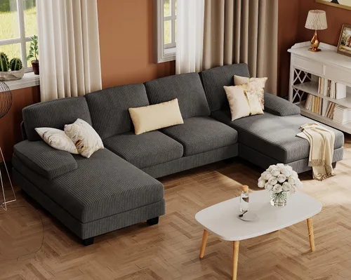 Vista 9 de Furmax - Sofás seccionales para sala de estar, sofá en forma de U con tela de lino, juego de sofá de 4 plazas con doble chaise para apartamento Beige