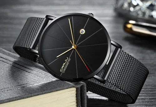 Vista 3 de Mgae Hombres Marca de moda Relojes de cuarzo ultra fino acero negro correa de malla casual deporte hombres reloj, Negro -, Movimiento de cuarzo