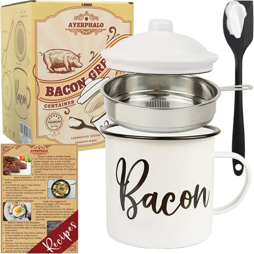 Vista 9 de Recipiente para grasa de tocino con colador - Con espátula de silicona de grado alimenticio de 24oz, recipiente rústico de grasa esmaltado